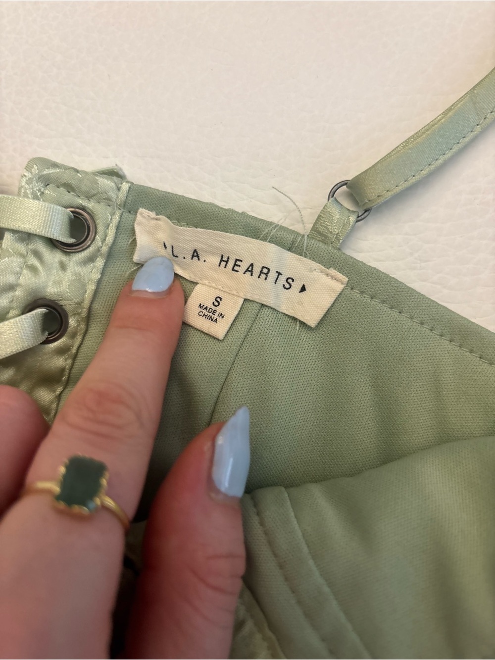 La Hearts Sage Green Satin Lace Bustier Crop Top - Picture 2 of 3